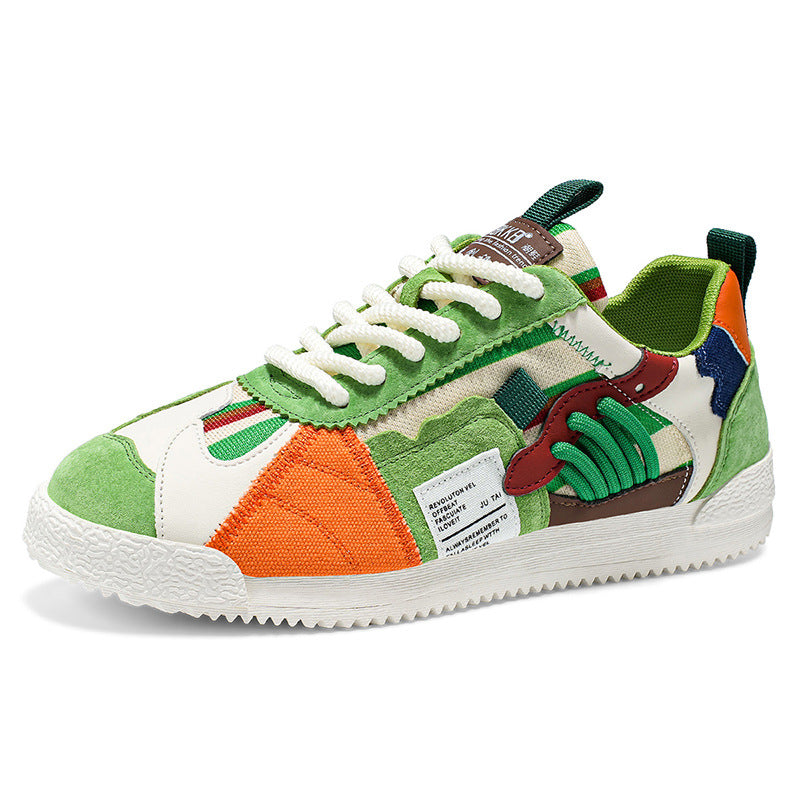 eprolo multi-colour fashion trainers for men green white orange suede canvas patchwork low top lace up trainers