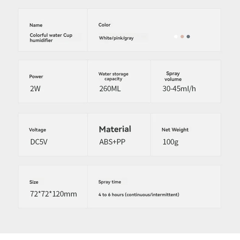 USB automatic humidifier with light in white, pink, and grey, perfect for home or office use