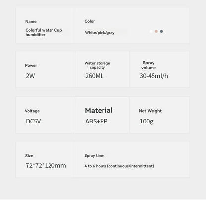 USB automatic humidifier with light in white, pink, and grey, perfect for home or office use