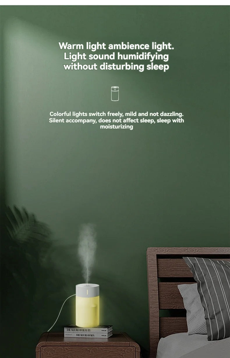 USB automatic humidifier with light in a modern bedroom, creating a calming atmosphere