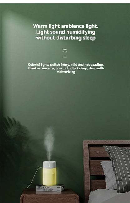 USB automatic humidifier with light in a modern bedroom, creating a calming atmosphere