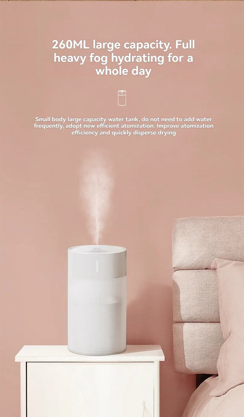 USB automatic humidifier with light offering 260ML capacity for full-day hydration and efficient atomization