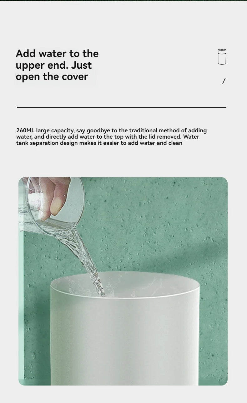 USB automatic humidifier with light, featuring easy top fill design for hassle-free refilling