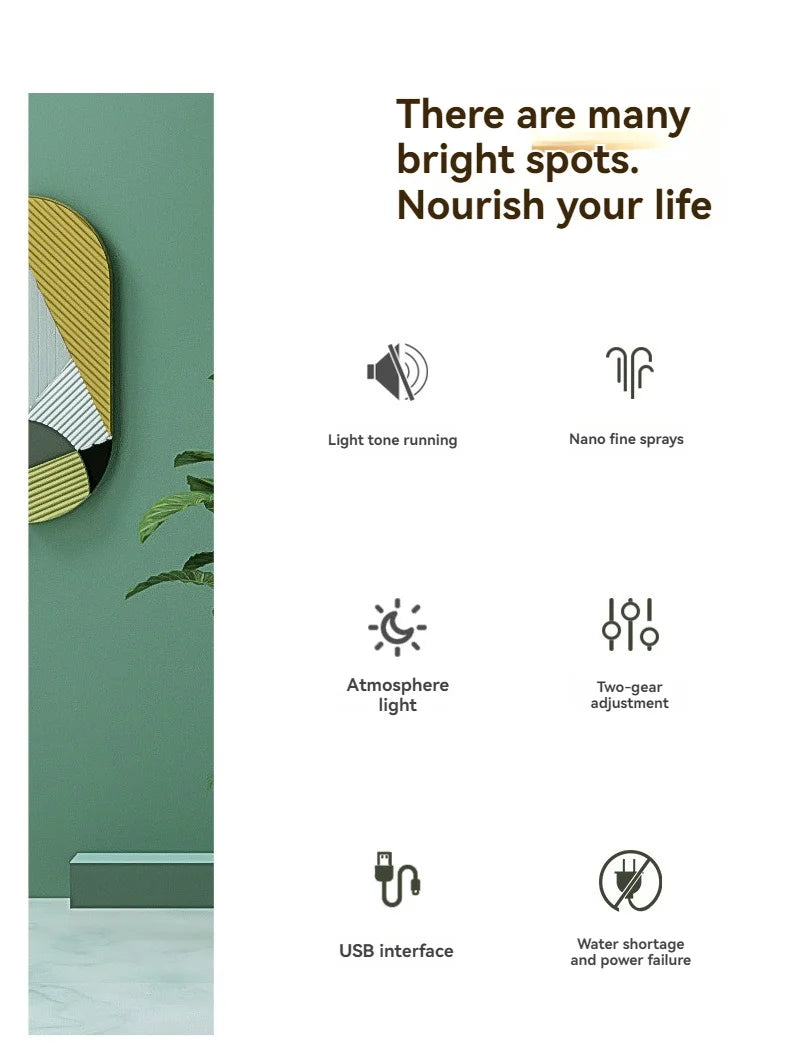 USB automatic humidifier with light featuring nano fine sprays and adjustable atmosphere light