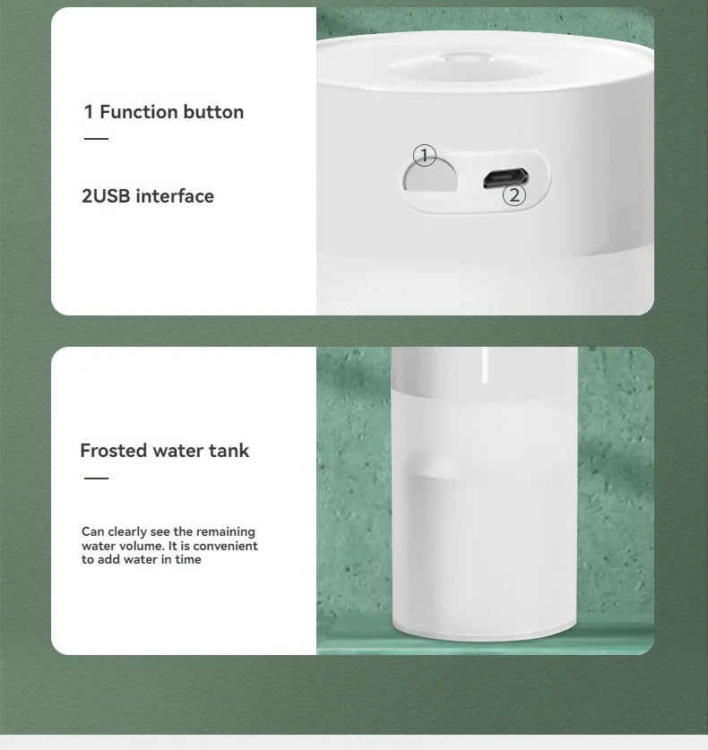 USB automatic humidifier with light featuring a frosted water tank and USB interface for easy use