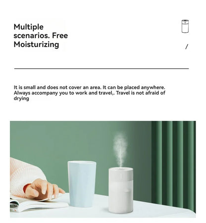 Compact USB automatic humidifier with light, perfect for home or travel use.