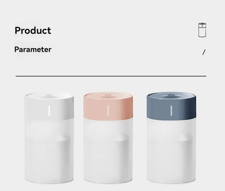USB automatic humidifier with light in three colours: white, pink, and grey for home or office use