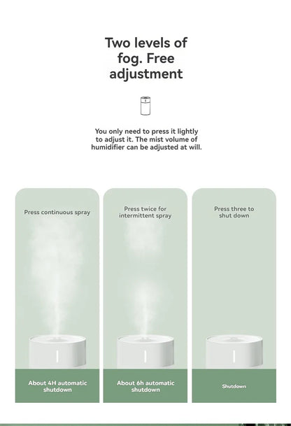 USB automatic humidifier with light featuring two spray levels for adjustable mist volume