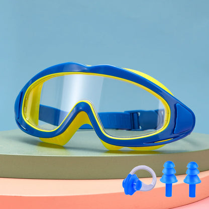 Blue and yellow UV protection kids pool goggles with clear lenses and adjustable strap