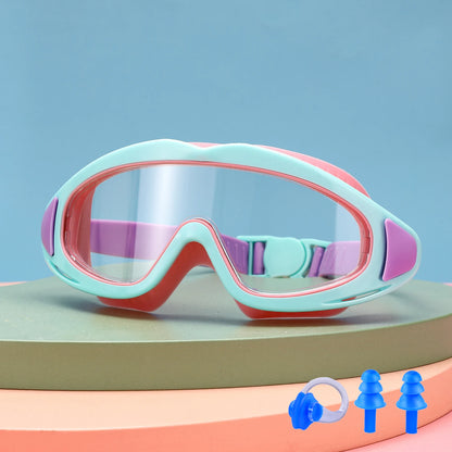UV protection kids pool goggles in pastel colours with adjustable strap and ear plugs for swimming safety