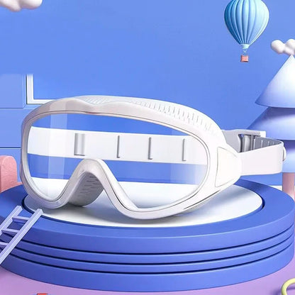 White UV protection kids pool goggles with adjustable strap on blue pool float