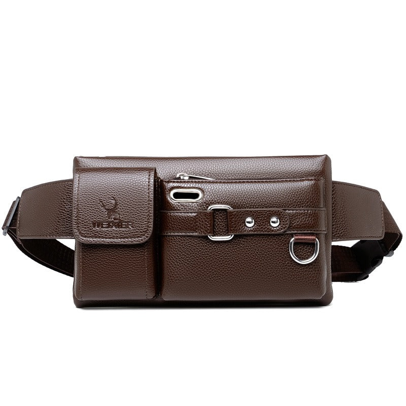 Brown PU leather outdoor waist bag with multiple pockets and adjustable strap for convenience