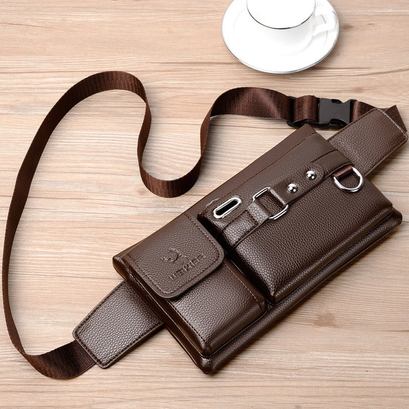 Brown PU leather outdoor waist bag with adjustable strap and multiple pockets for convenience