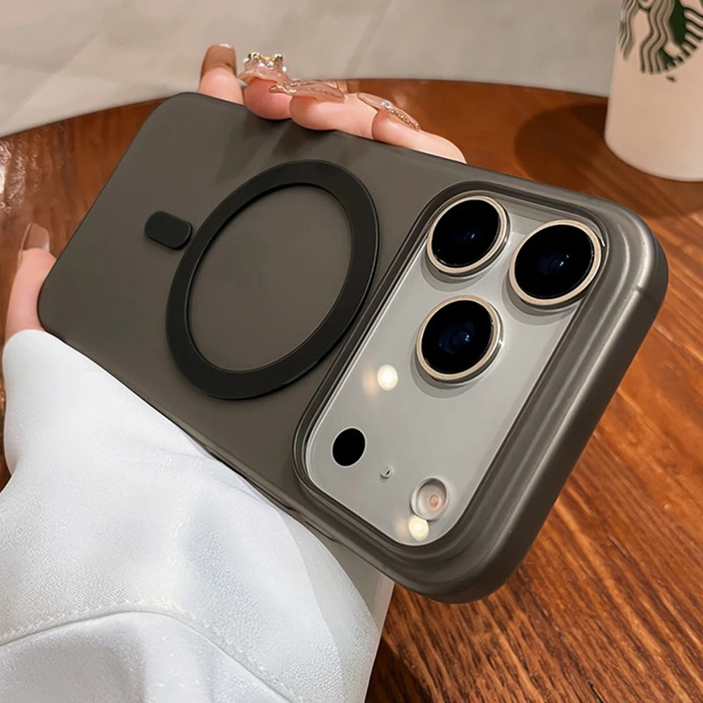 Slim matte iPhone 17 Pro Max MagSafe case in dark grey with circular magnet for easy attachment