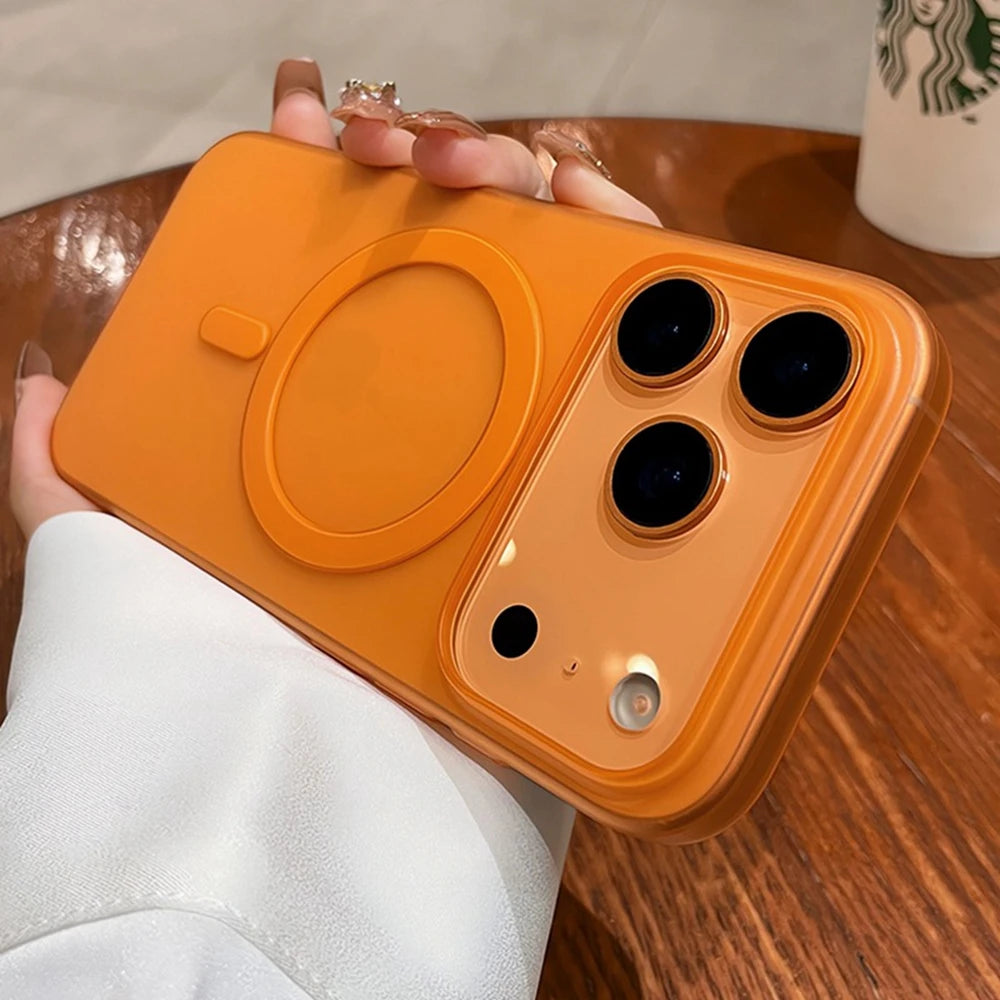 Slim matte iPhone 17 Pro Max MagSafe case in vibrant orange design held in hand