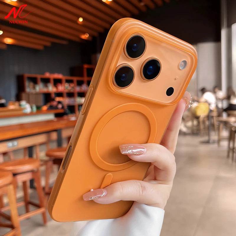 Slim matte iPhone 17 Pro Max MagSafe case in orange for stylish protection and easy access