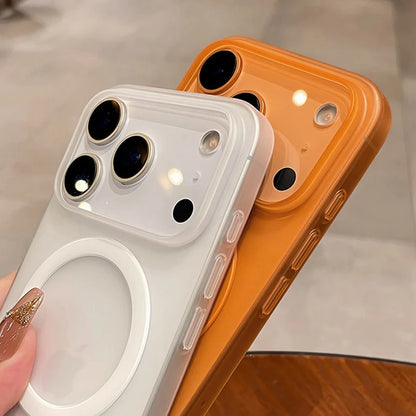 Slim matte iPhone 17 Pro Max MagSafe case in white and orange for stylish protection