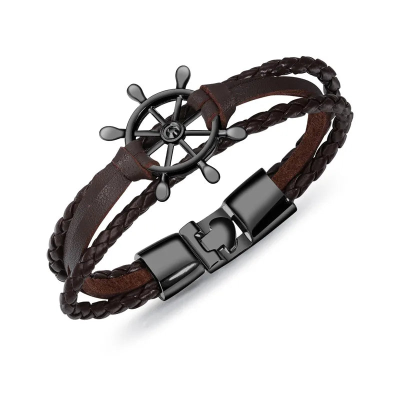 Luxurymania24 vintage braided leather charm bracelet featuring a ship wheel design and a secure clasp