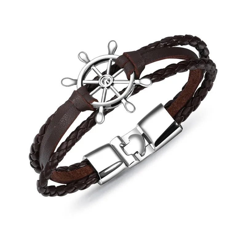 Luxurymania24 vintage braided leather charm bracelet with a ship's wheel accent and metal clasp