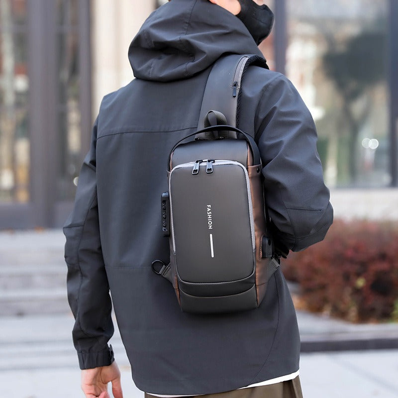 Stylish Waterproof Anti Theft Sling Bag For Men worn over a jacket for a fashionable look