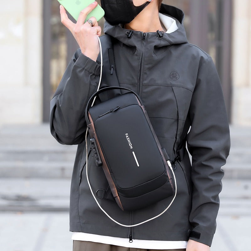Man wearing a Waterproof Anti Theft Sling Bag For Men while holding a smartphone in a city setting
