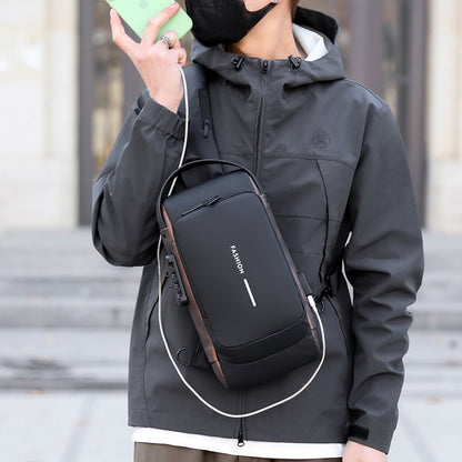 Man wearing a Waterproof Anti Theft Sling Bag For Men while holding a smartphone in a city setting