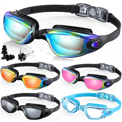 Waterproof swimming glasses men women in multiple colours with adjustable straps and nose clips