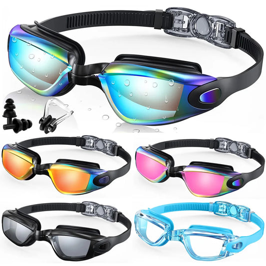Waterproof swimming glasses men women in multiple colours with adjustable straps and nose clips