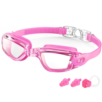 Pink waterproof swimming glasses men women with adjustable strap and earplugs for swimming