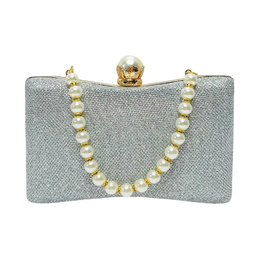 Elegant silver wedding beaded sequin handbag with pearl handle and stylish clasp closure