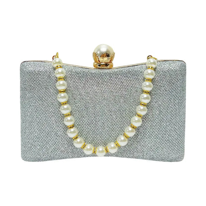 Elegant silver wedding beaded sequin handbag with pearl handle and stylish clasp closure