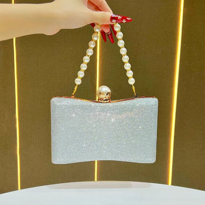 Elegant silver wedding beaded sequin handbag with pearl handle for special occasions
