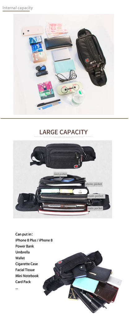 Luxurymania24 black casual fanny pack with phone compartment showing large capacity and organised storage for travel