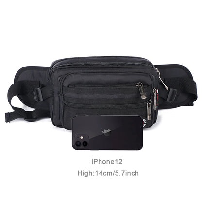 Luxurymania24 black casual fanny pack with phone compartment showing multiple zip pockets and adjustable strap