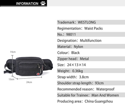 Luxurymania24 black nylon casual fanny pack with phone compartment multiple zip pockets adjustable waist strap