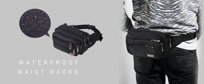 Luxurymania24 black waterproof casual fanny pack with phone compartment and multiple zip pockets worn at waist