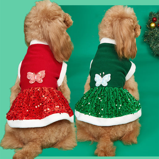 Adorable dogs wearing Winter Pet Plush Clothe in red and green with butterfly embellishments