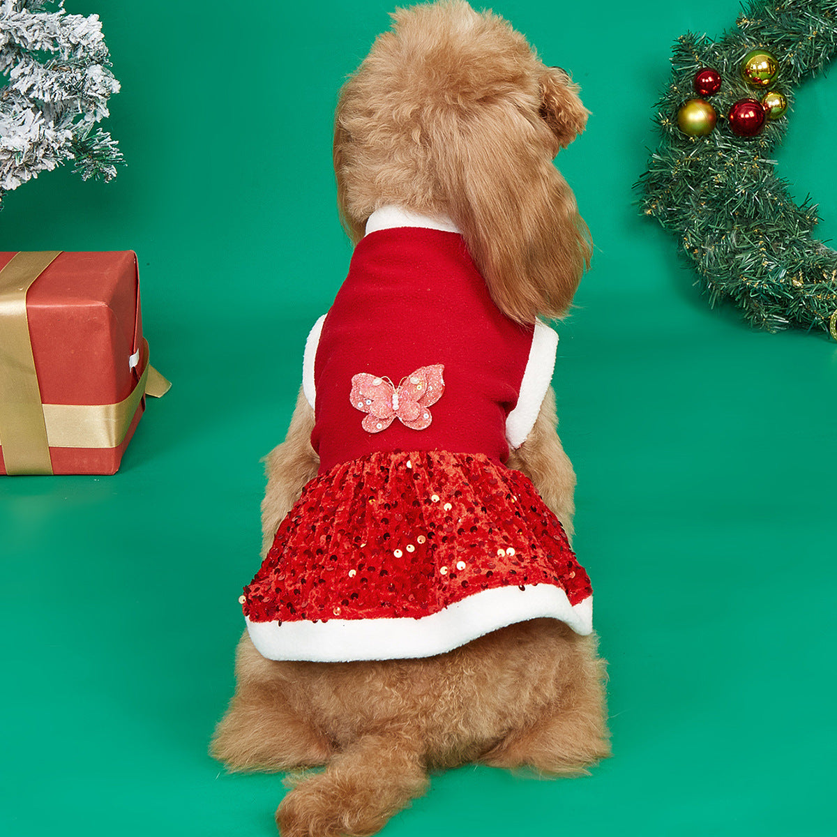 Cute dog wearing a red Winter Pet Plush Clothe with sequined skirt for festive occasions