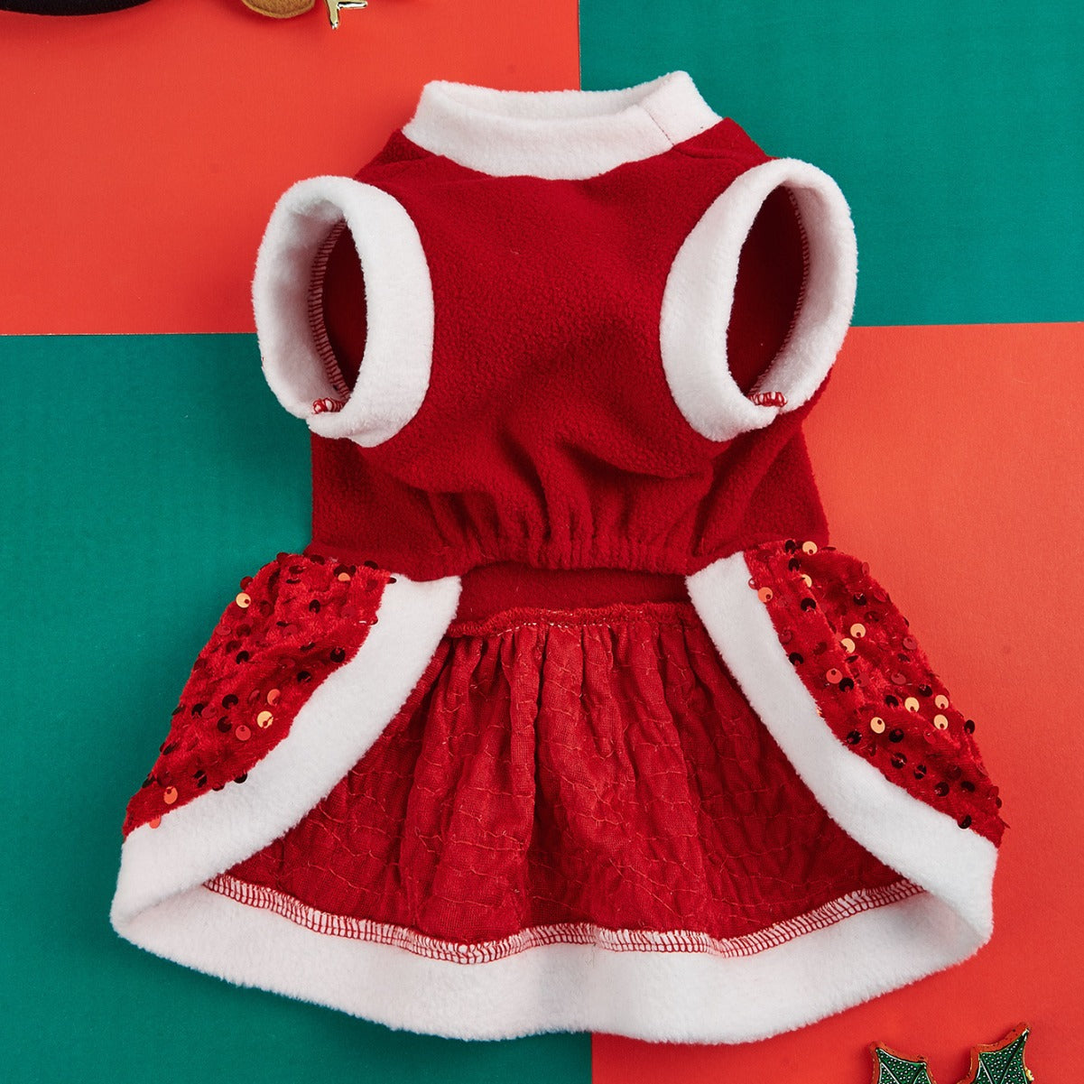 Winter Pet Plush Clothe in Red with Sequin Details and Soft Lining for Pets