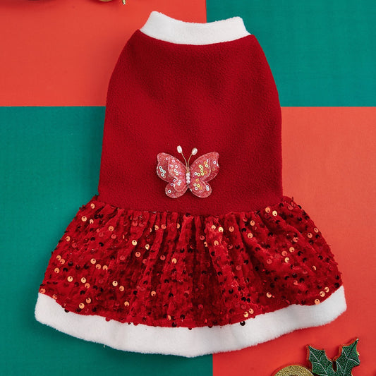 Red Winter Pet Plush Clothe Dress with Sequin Skirt and Butterfly Design for Small Dogs