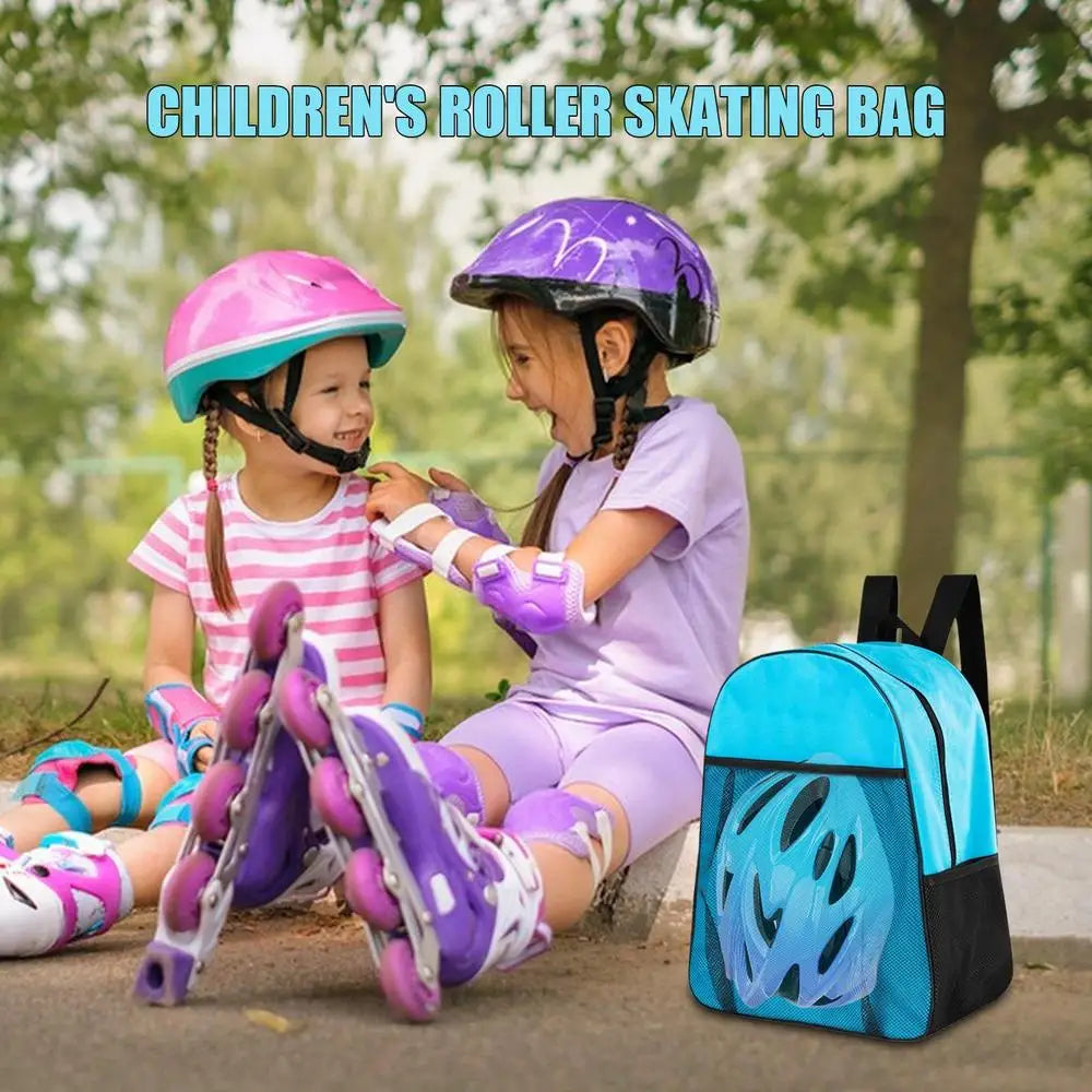 Two girls in helmets and pads sitting outdoors with turquoise waterproof inline skates bag