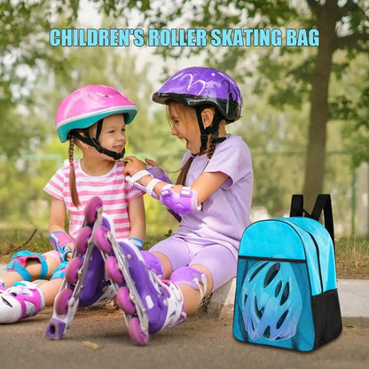 Two girls in helmets and pads sitting outdoors with turquoise waterproof inline skates bag
