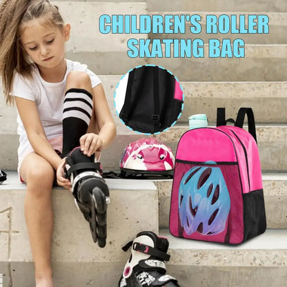 Young girl fitting rollerblades on steps next to pink backpack with helmet waterproof inline skates bag by Luxurymania24