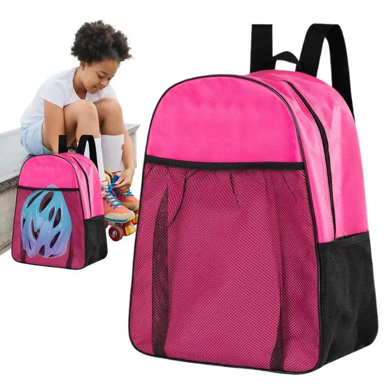Pink waterproof inline skates bag with front mesh pocket helmet storage and adjustable shoulder straps