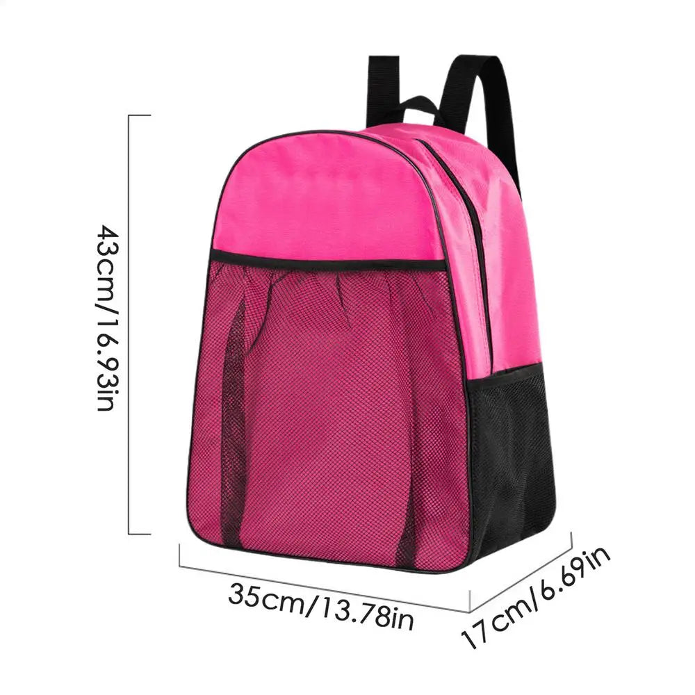 Pink waterproof inline skates bag with mesh front pocket and adjustable black straps 43x35x17cm