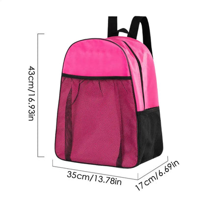 Pink waterproof inline skates bag with mesh front pocket and adjustable black straps 43x35x17cm