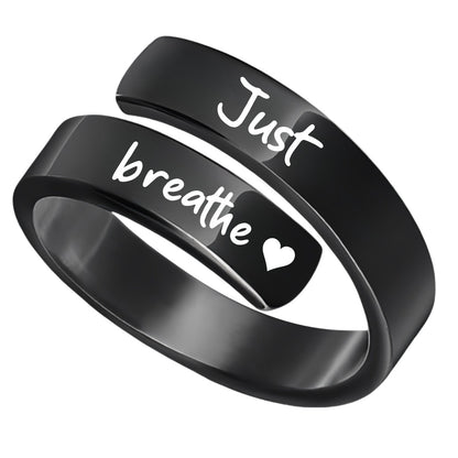 Black wrap stainless steel eprolo engraved jewellery ring with white script and heart saying just breathe engraved ring