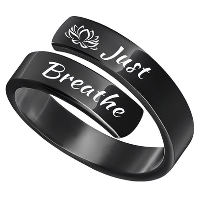 Black stainless steel adjustable spiral just breathe engraved ring with lotus motif for meditation gift
