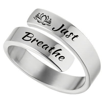 Sterling silver wrap band with lotus and just breathe engraved ring motivational message by eprolo